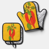 Rote Paprika am Rebstock Ofenhandschuh & Topflappen-Set (Vorderseite/Rückseite)