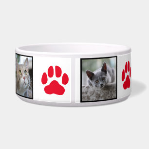 Rote Paw-Druck und fünf Bild-Katzen-FotoCollage Napf