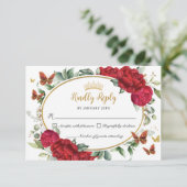 Rote Peonies Blume Butterfets Quinceañera RSVP Karte (Stehend Vorderseite)