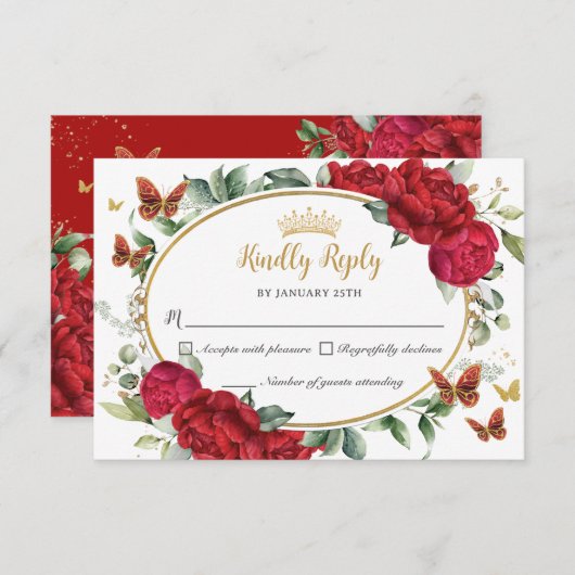 Rote Peonies Blume Butterfets Quinceañera RSVP Karte (Vorne/Hinten)