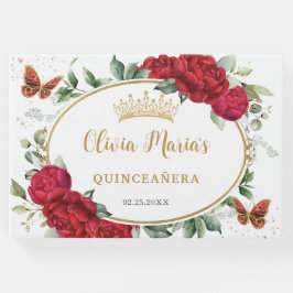 Rote Peonies Floral Butterfells Gold Quinceanera Gästebuch