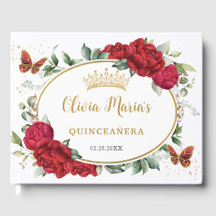 Rote Peonies Floral Butterfells Gold Quinceanera Gästebuch