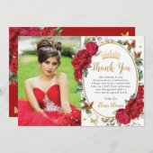 Rote Peonies Floral Butterfliegen Quinceañera Foto Dankeskarte (Vorne/Hinten)