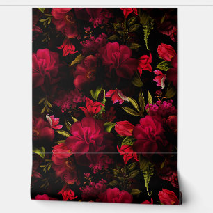 Rote Peonings und Rose Mystische dunkle Moody-Flor Tapete