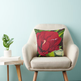 Rote Peony Blume mit grünen Blätter, quadratisch Kissen