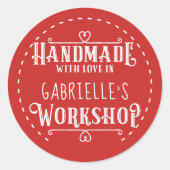 Rote Personalisierte Handarbeit mit Liebe in Works Runder Aufkleber (Vorderseite)