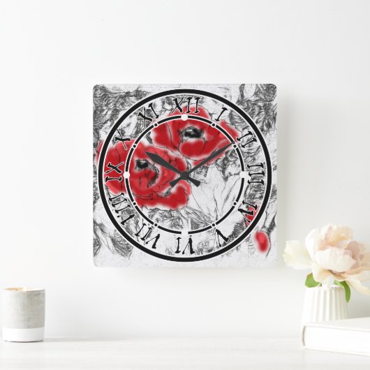 Rote Pfeffer, handgezeichnet, Blume, Blüten Quadratische Wanduhr (Zuhause)
