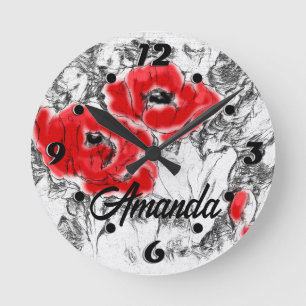 Rote Pfeffer, handgezeichnet, Blume, Blüten Runde Wanduhr