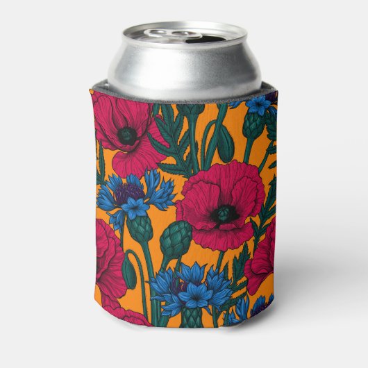 Rote Pfeffer und blaue Kornblumen auf Orange Dosenkühler (Kanne Rückseite)