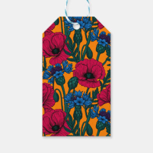 Rote Pfeffer und blaue Kornblumen auf Orange Geschenkanhänger