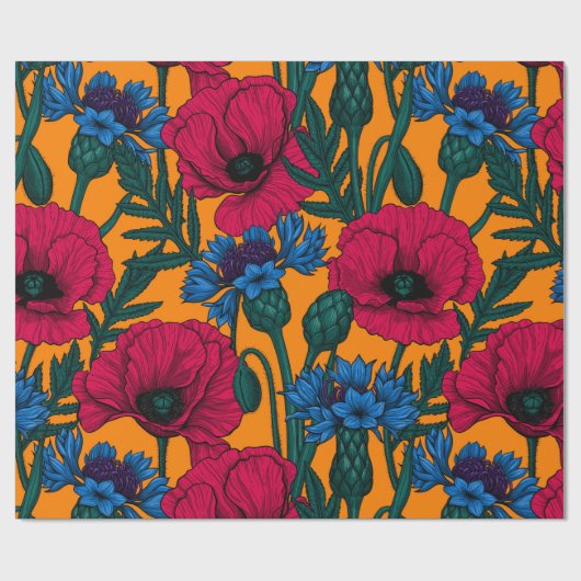 Rote Pfeffer und blaue Kornblumen auf Orange Geschenkpapier (Flach)
