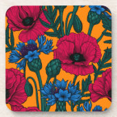 Rote Pfeffer und blaue Kornblumen auf Orange Getränkeuntersetzer (Vorderseite)