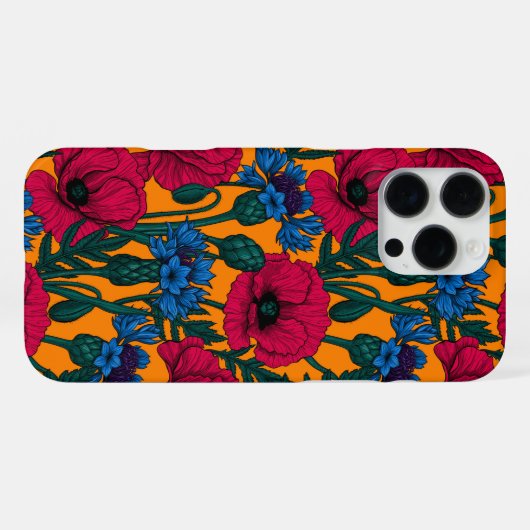 Rote Pfeffer und blaue Kornblumen auf Orange iPhone Hülle (Rückseite (Horizontal))