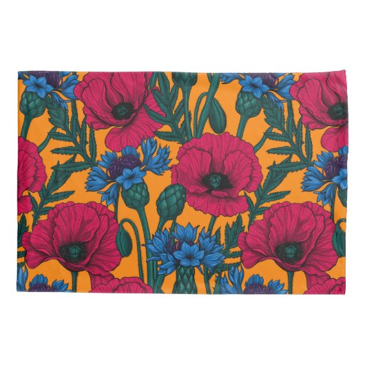 Rote Pfeffer und blaue Kornblumen auf Orange Kissenbezug (Rückseite)