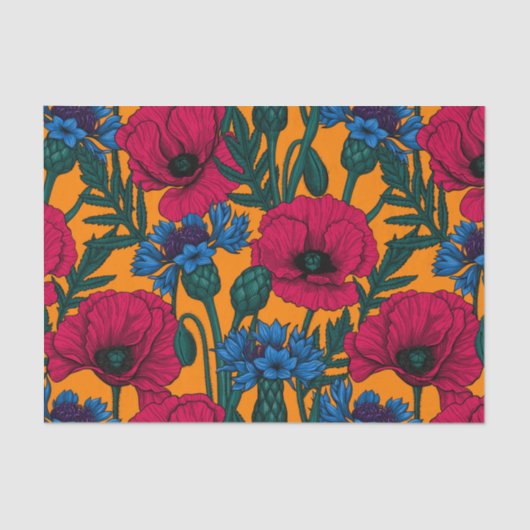 Rote Pfeffer und blaue Kornblumen auf Orange Seidenpapier (Vorderseite)