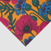 Rote Pfeffer und blaue Kornblumen auf Orange Seidenpapier (Ausschnitt)