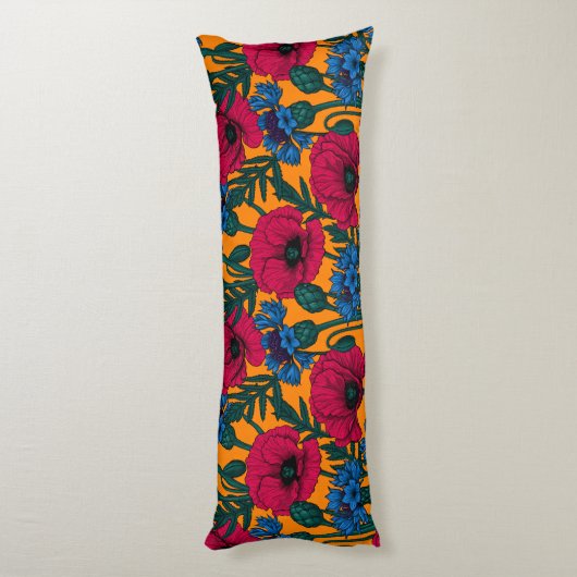 Rote Pfeffer und blaue Kornblumen auf Orange Seitenschläferkissen (Rückseite (Vertikal))