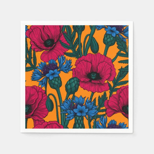 Rote Pfeffer und blaue Kornblumen auf Orange Serviette (Vorderseite)