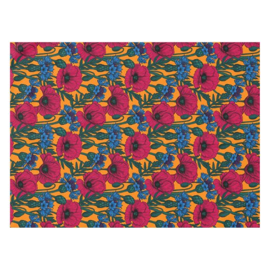 Rote Pfeffer und blaue Kornblumen auf Orange Tischdecke (Vorderseite (Horizontal))