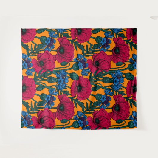 Rote Pfeffer und blaue Kornblumen auf Orange Wandteppich (Vorderseite (Horizontal))