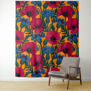 Rote Pfeffer und blaue Kornblumen auf Orange Wandteppich