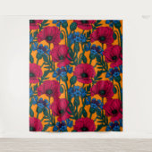 Rote Pfeffer und blaue Kornblumen auf Orange Wandteppich (Vorderseite)