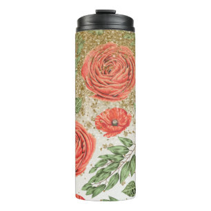 *~* Rote Pfingstrose Mohn Gold Glitter Blumen Thermosbecher