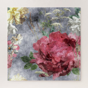 Rote Pfingstrose Wasserfarben Blumenmuster Puzzle