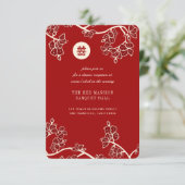 Rote Pfirsichblüten Doppelte Xi Hochzeitsempfehlun Einladung (Stehend Vorderseite)