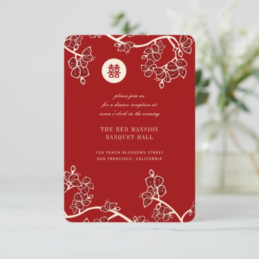 Rote Pfirsichblüten Doppelte Xi Hochzeitsempfehlun Einladung (Stehend Vorderseite)