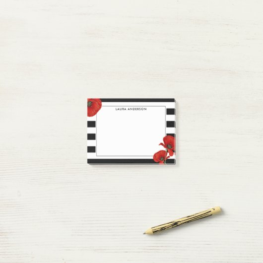 Rote Pflaumen auf schwarzen und weißen Streifen Post-it Klebezettel (Auf Schreibtisch)