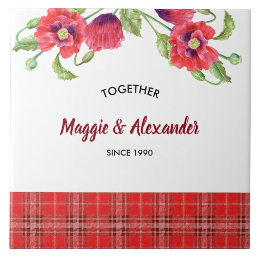 Rote Pflaumen Blumenmuster Tartan Muster Fliese (Vorderseite)