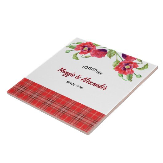 Rote Pflaumen Blumenmuster Tartan Muster Fliese (Seite)