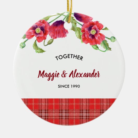 Rote Pflaumen Blumenmuster Tartan Muster Keramik Ornament (Vorne)