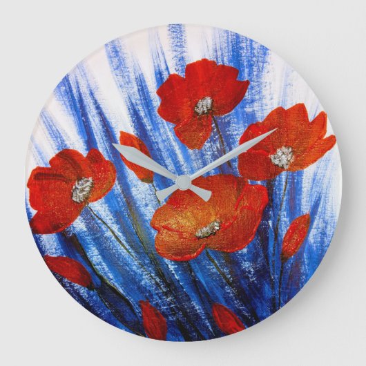 Rote Pflaumen im blauen Gras Große Wanduhr (Vorderseite)