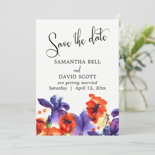 Rote Pflaumen, Lila Iris Wasserfarbe Save the Date (Stehend Vorderseite)