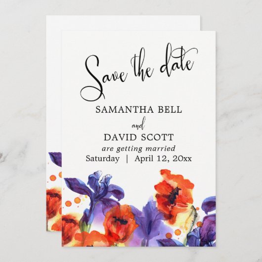 Rote Pflaumen, Lila Iris Wasserfarbe Save the Date (Vorne/Hinten)
