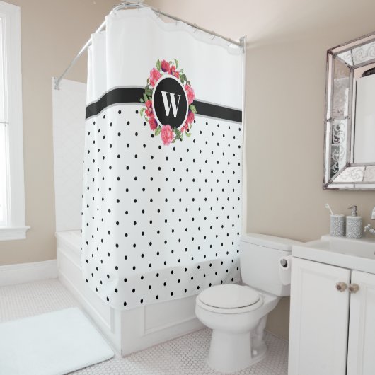 Rote Pflaumen, rosa Rosen, Kraut-Monogramm Duschvorhang (Beispiel)