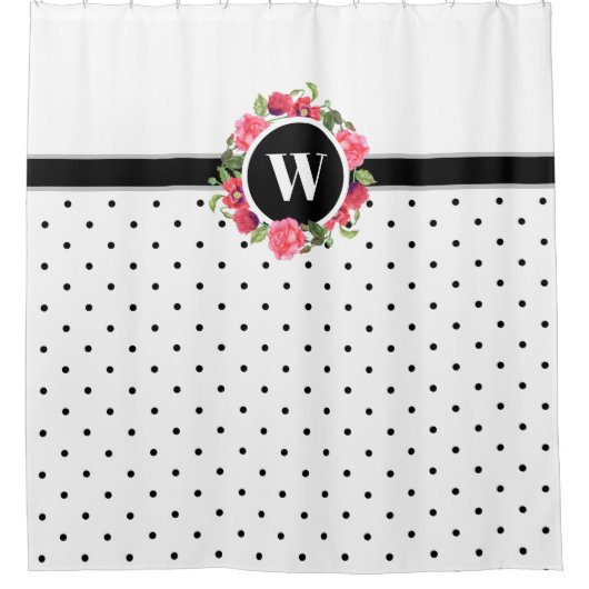 Rote Pflaumen, rosa Rosen, Kraut-Monogramm Duschvorhang (Vorderseite)