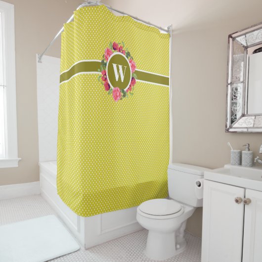 Rote Pflaumen, rosa Rosen, Kraut-Monogramm Duschvorhang (Beispiel)