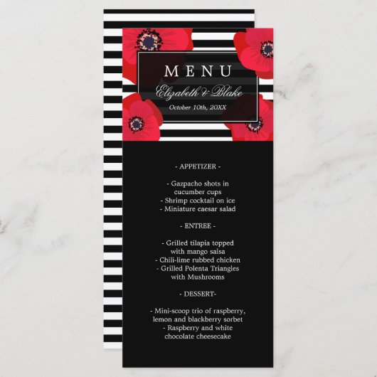 Rote Pflaumen und schwarze Streifen | Hochzeitsmen Menükarte (Vorne/Hinten)