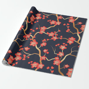 Rote Pflaumenblüten-Gold-Bronze-Navy-Blumenmuster Geschenkpapier