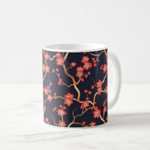 Rote Pflaumenblüten-Gold-Bronze-Navy-Blumenmuster Kaffeetasse