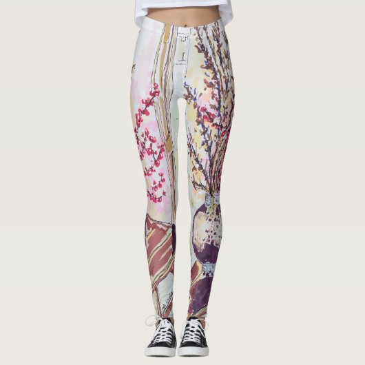 Rote Pflaumenblüten Leggings (Vorderseite)