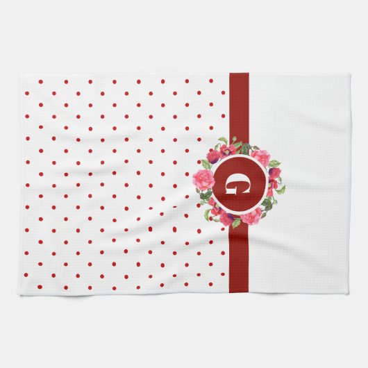 Rote Pfoten, Rosa Rosenblume Monogramm Geschirrtuch (Horizontal)