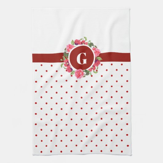 Rote Pfoten, Rosa Rosenblume Monogramm Geschirrtuch (Vertikal)