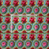 ROTE PINK-GELBROSEN IN BLAU STOFF (Kachel)