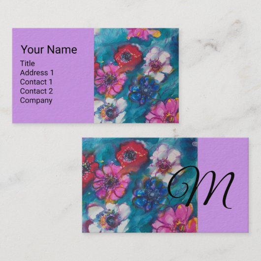 ROTE PINK WEISSE BLUME IN BLUE FLORAL MONOGRAM BU VISITENKARTE (Vorne/Hinten)