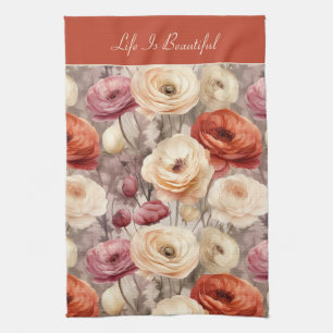 Rote Pinke Creme-Ranunculus-Blumen Geschirrtuch