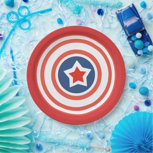 Rote Platte mit weißer Rundlinie und Center Star Pappteller (Party)